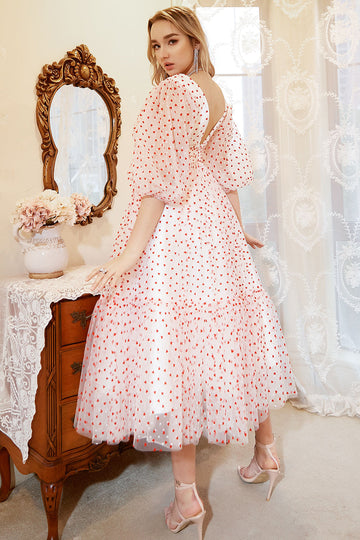 En linje Deep V Neck White Red Dot Tea Längd Prom Klänning
